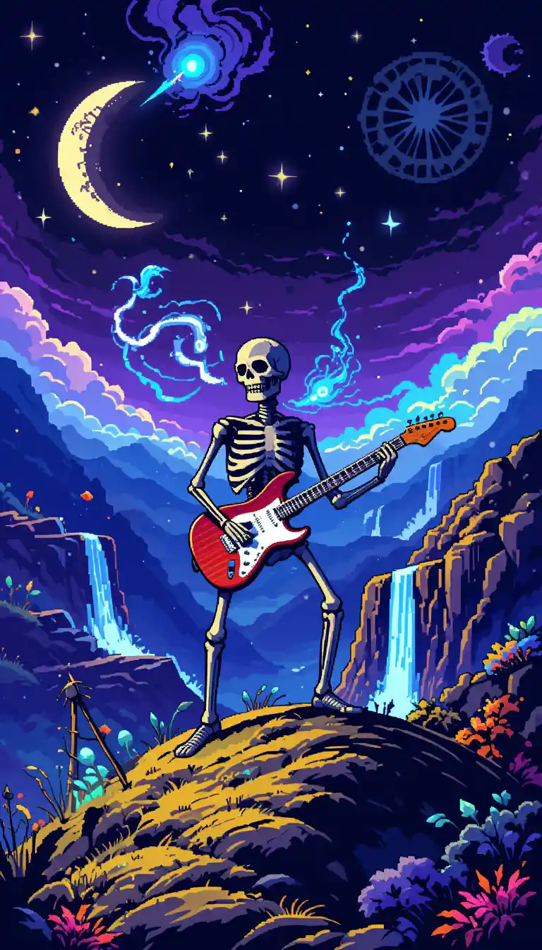 Skeleton Playing Electric Guitar Under Magical Night Sky