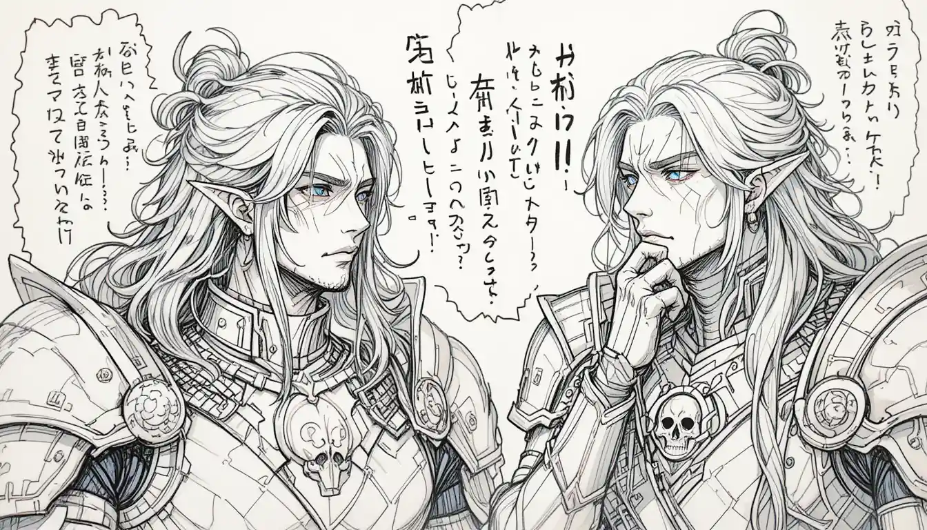 Two long haired warriors in ornate armor deep in thought