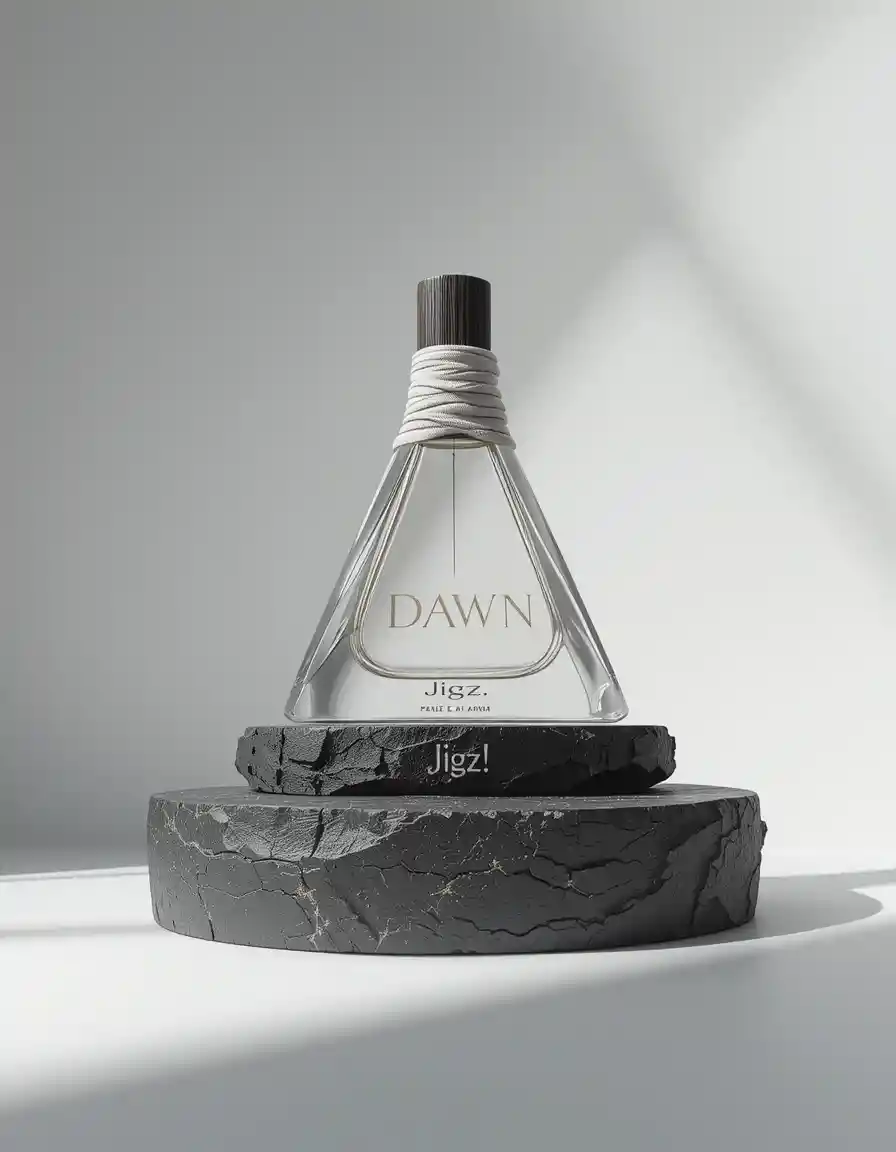 Cinematic 3D perfume bottle on white background