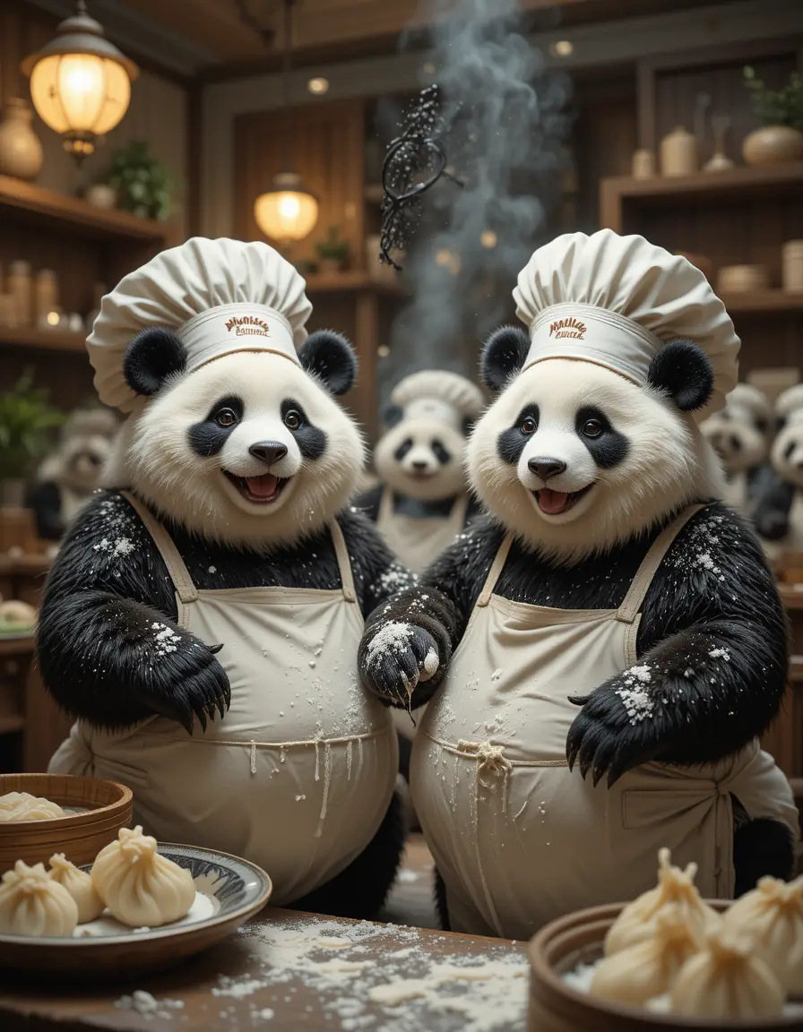 Playful chubby pandas making dumplings in a hotel kitchen