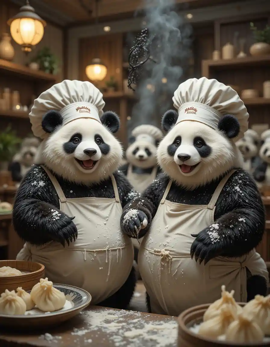 Pandas gordinhos e brincalhões fazendo dumplings na cozinha de um hotel