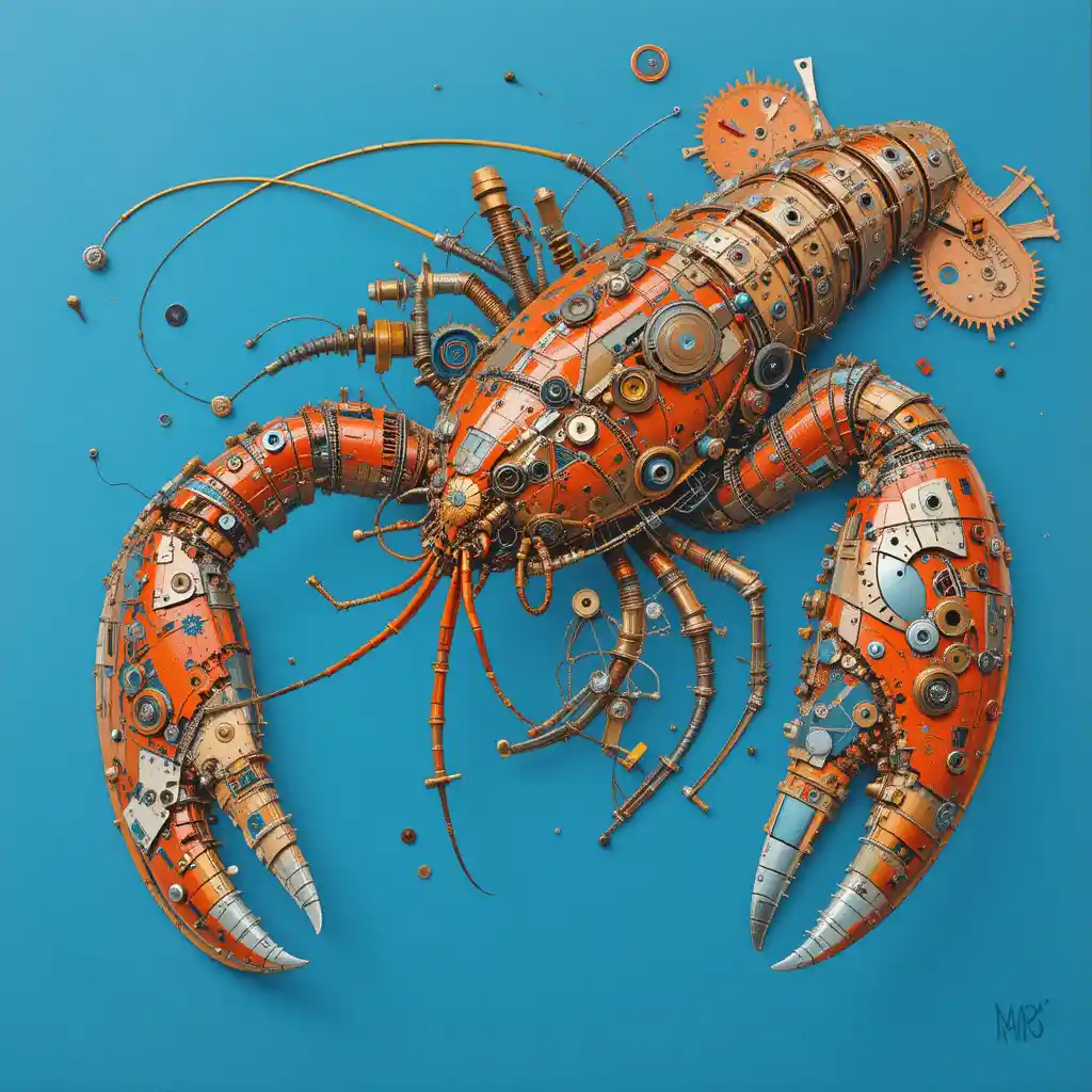 Mechanical lobster collage on bright blue digital background