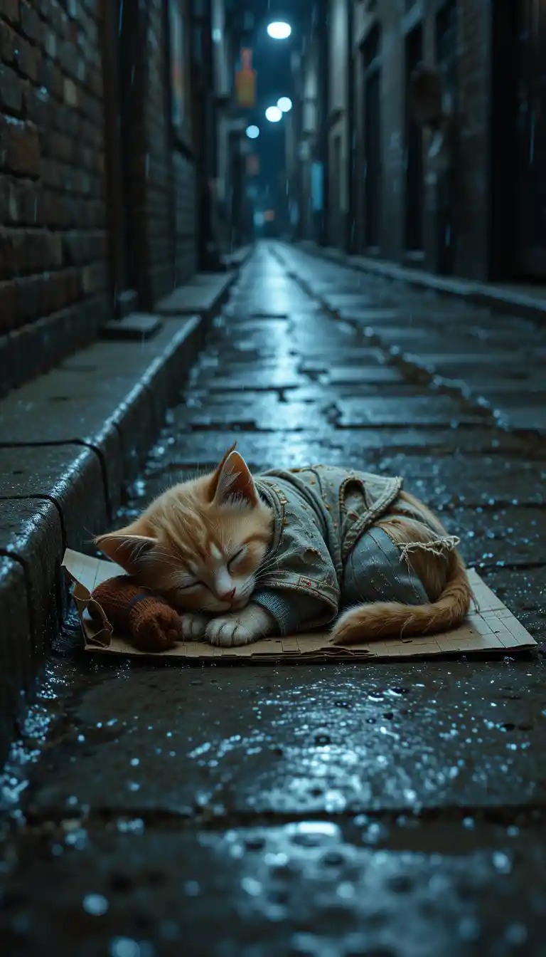 Gatinho sem lar dormindo na calçada molhada sob a chuva