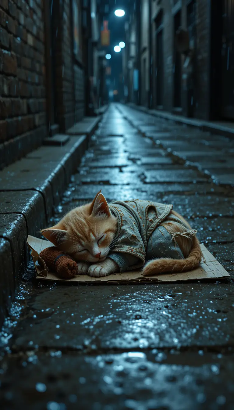 Gatinho sem lar dormindo na calçada molhada sob a chuva