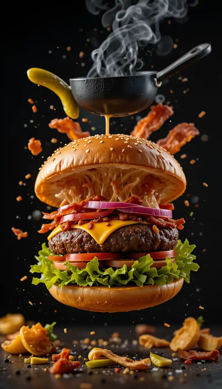 Exploding gourmet burger with floating ingredients on black