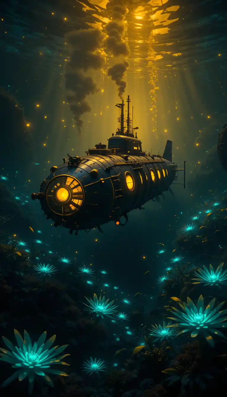 Black and yellow submarine in a glowing deep sea