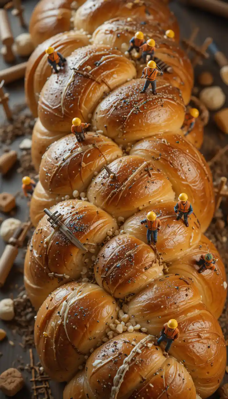 Lavoratori in miniatura su un gigantesco pane challah intrecciato in costruzione