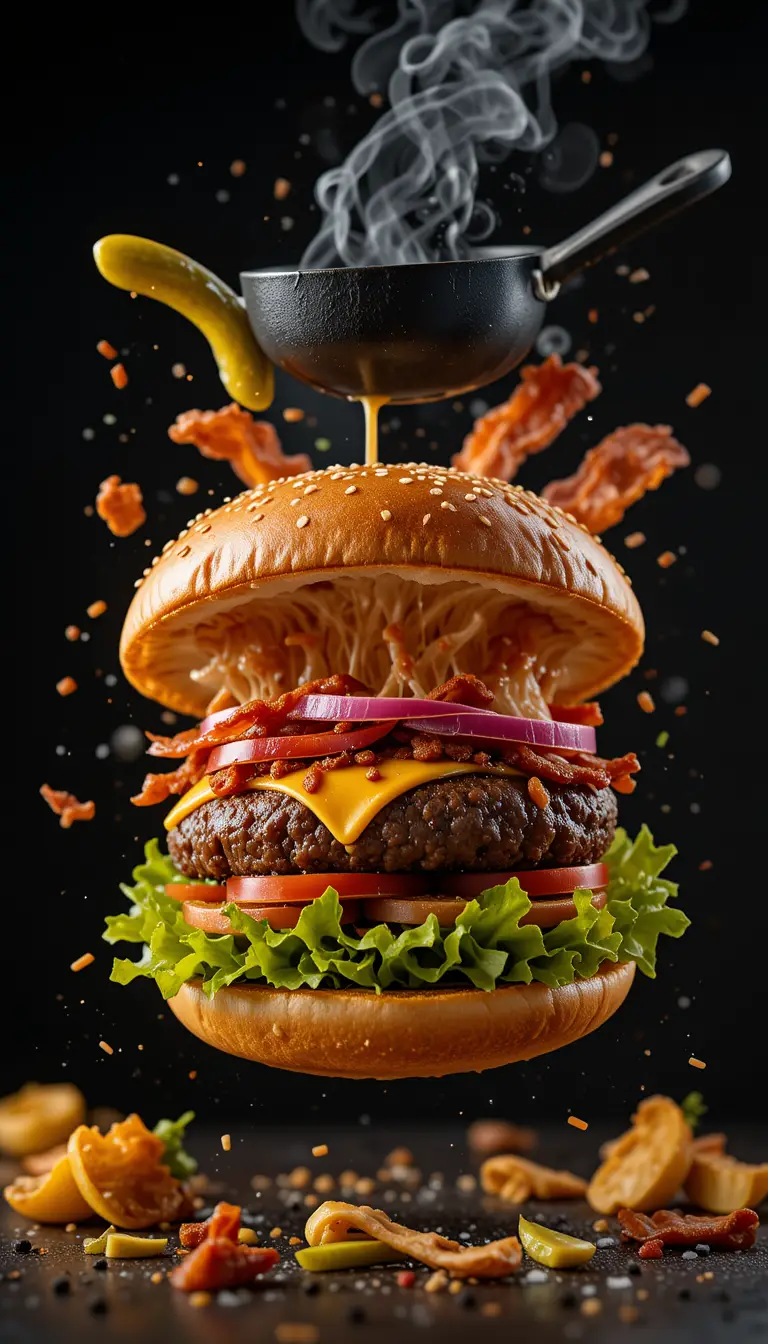 Explodierender Gourmet-Burger mit schwebenden Zutaten auf schwarzem Hintergrund