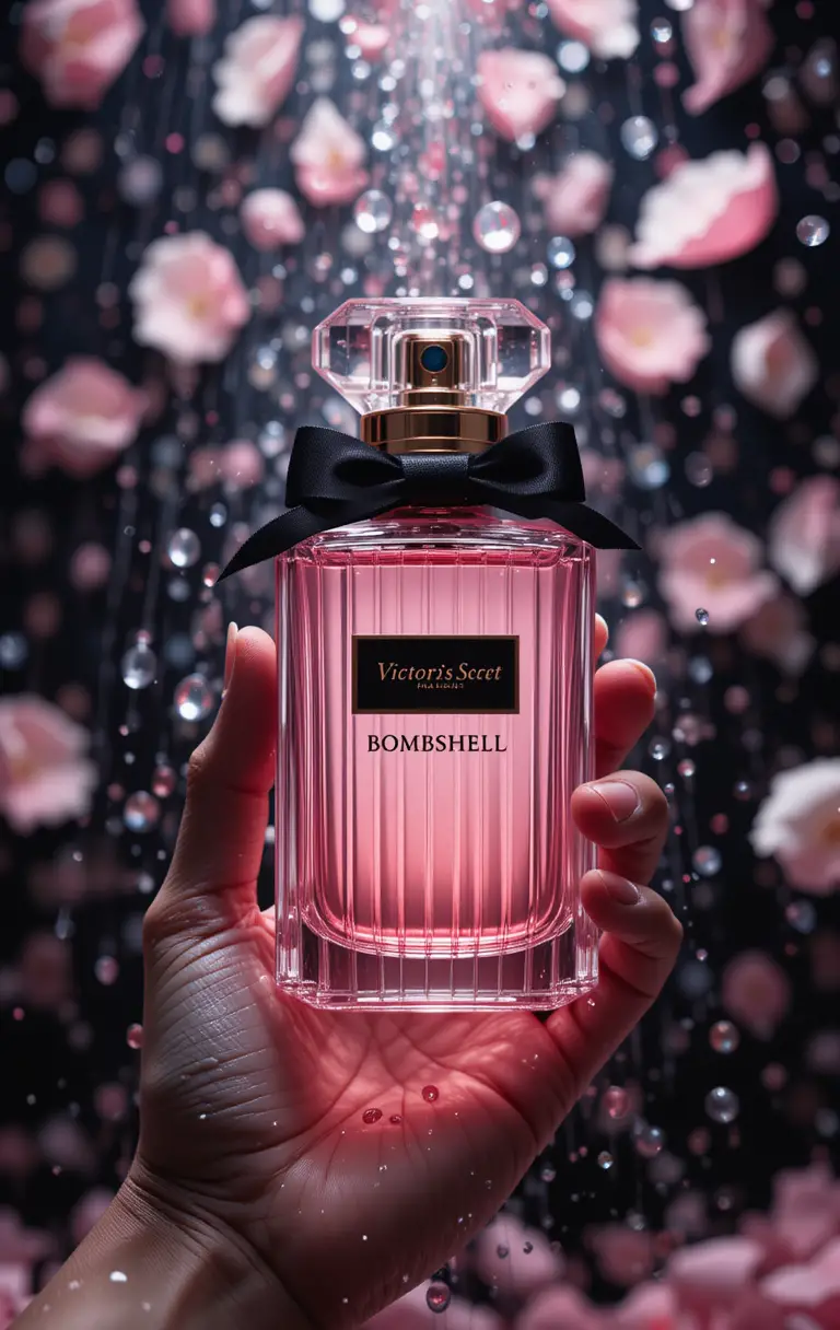 Primo piano romantico di un flacone di profumo rosa nell’acqua