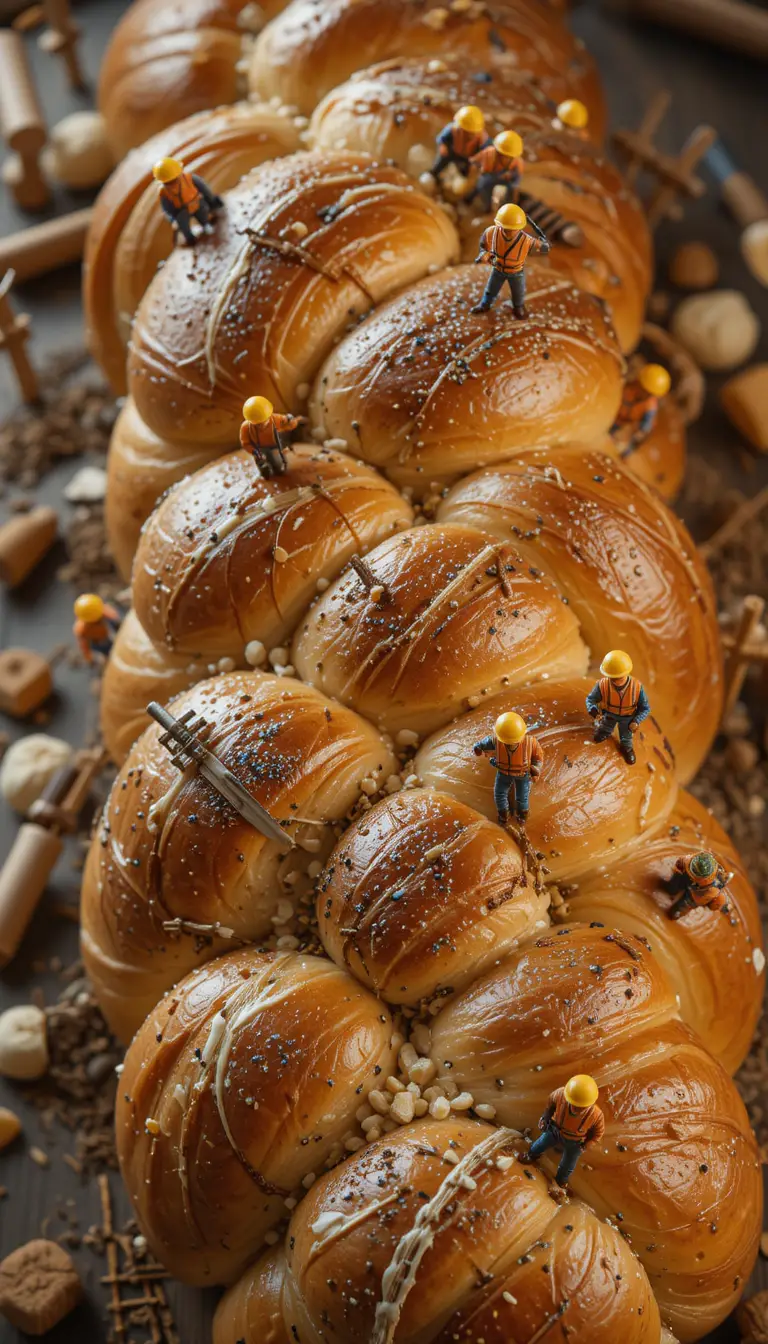 Miniaturarbeiter auf riesigem geflochtenem Challah-Brot im Bau