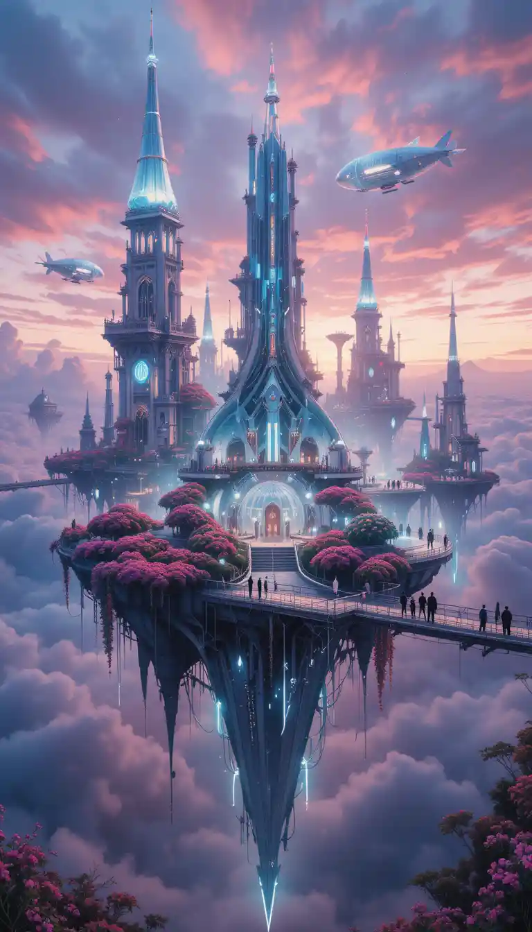 Ethereal Floating City Across Interconnected Sky Islands