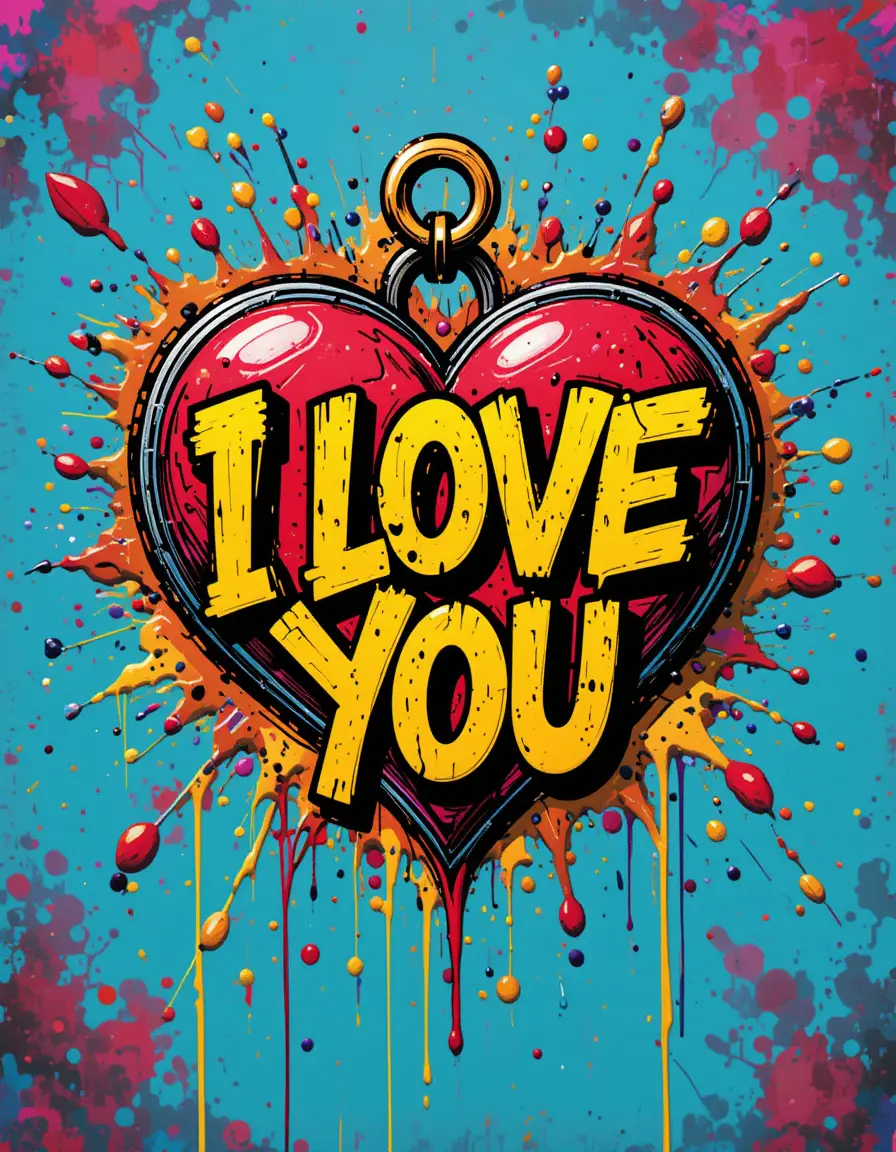 Pôster de amor com grafite colorido e texto “I love you” escorrendo