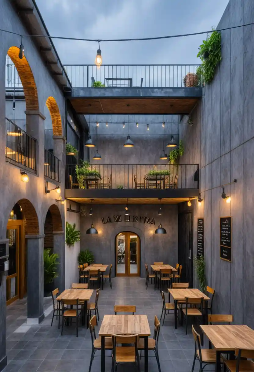Two story industrial restaurant with cozy rooftop terrace