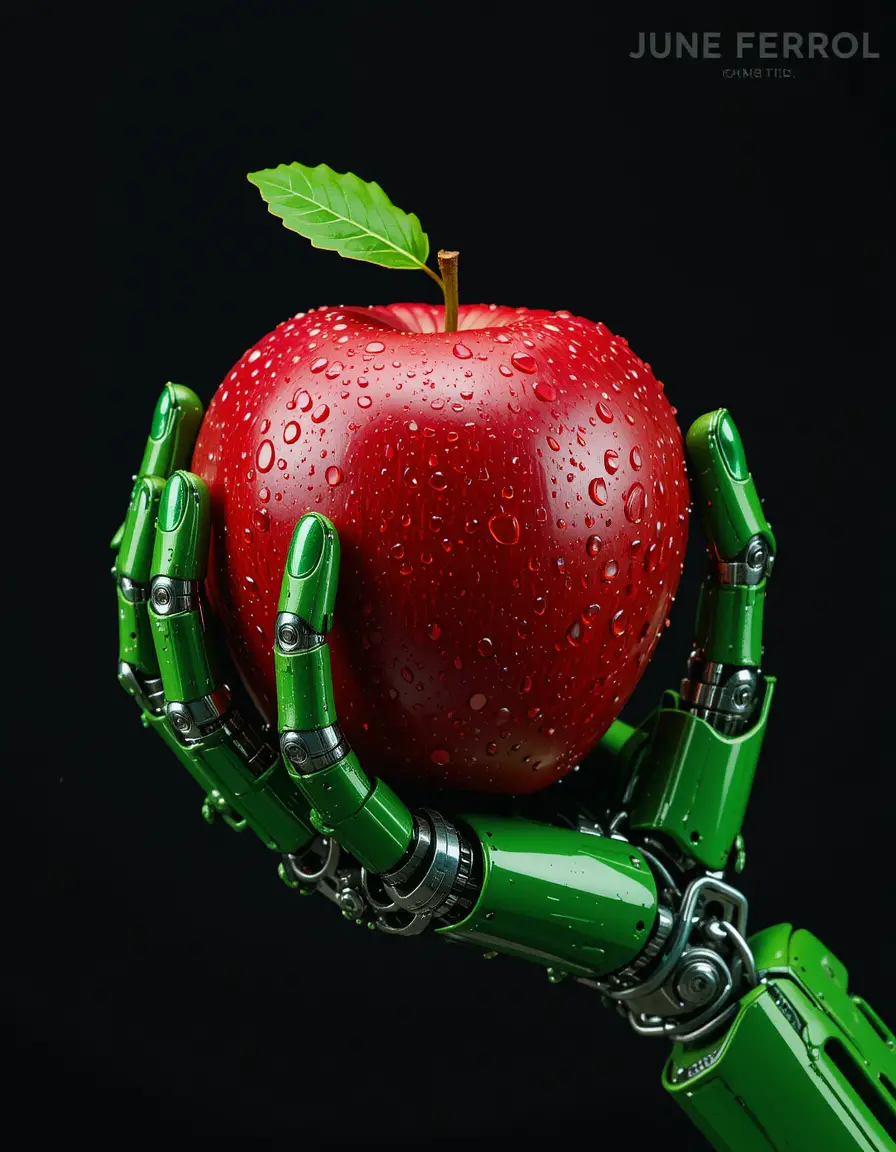 Mano robotica verde che tiene una mela rossa su sfondo nero