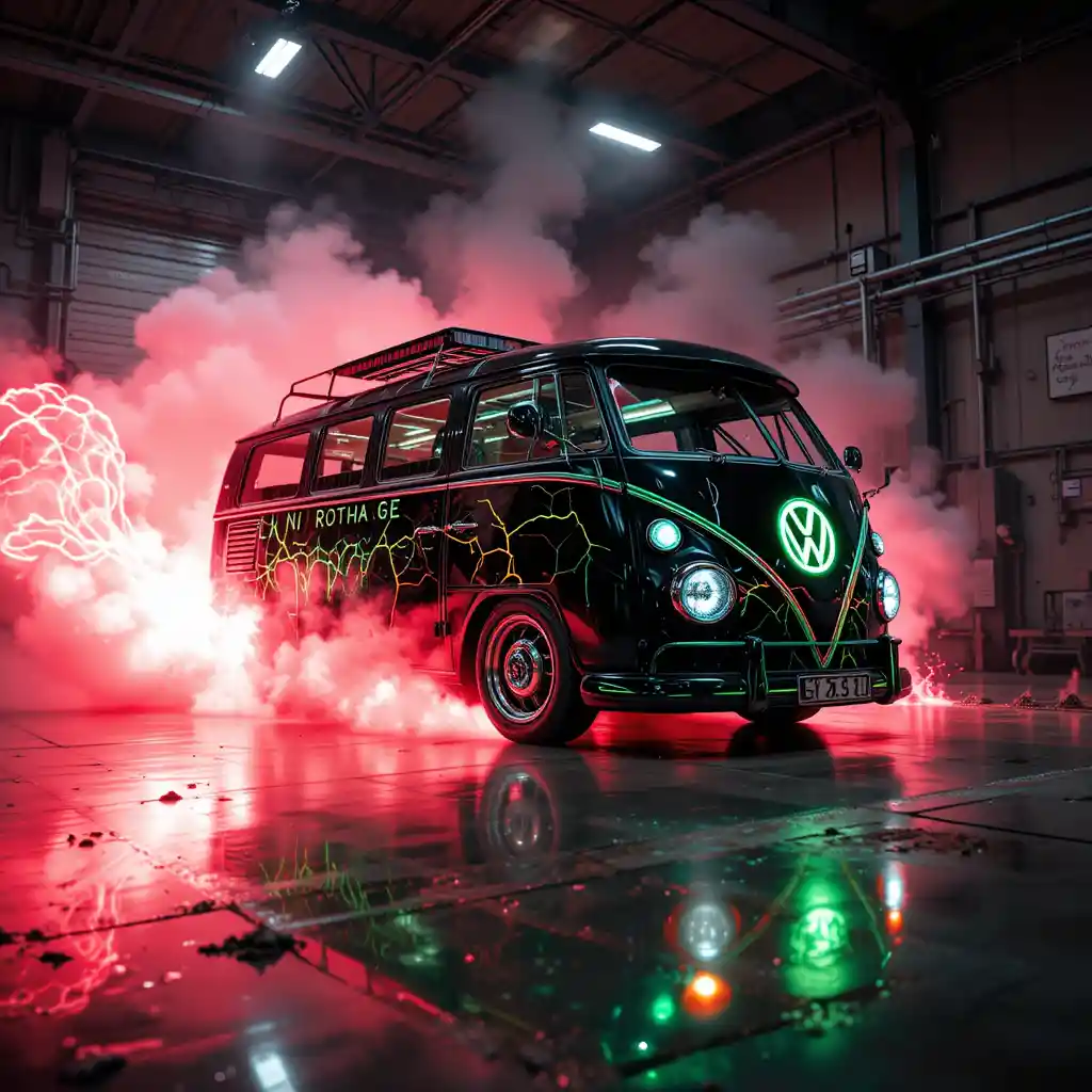 Black delivery van drifting inside industrial garage
