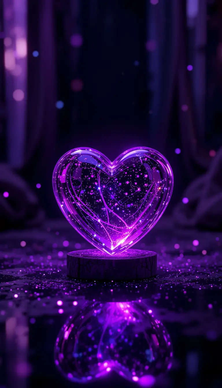 Cœur en verre lumineux dans une pièce éclairée de violet foncé