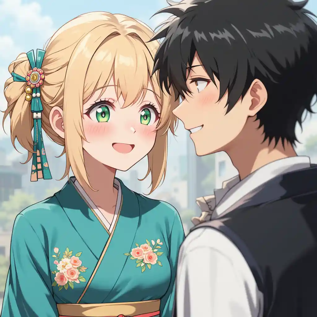Blonde anime girl in teal kimono smiling at boy