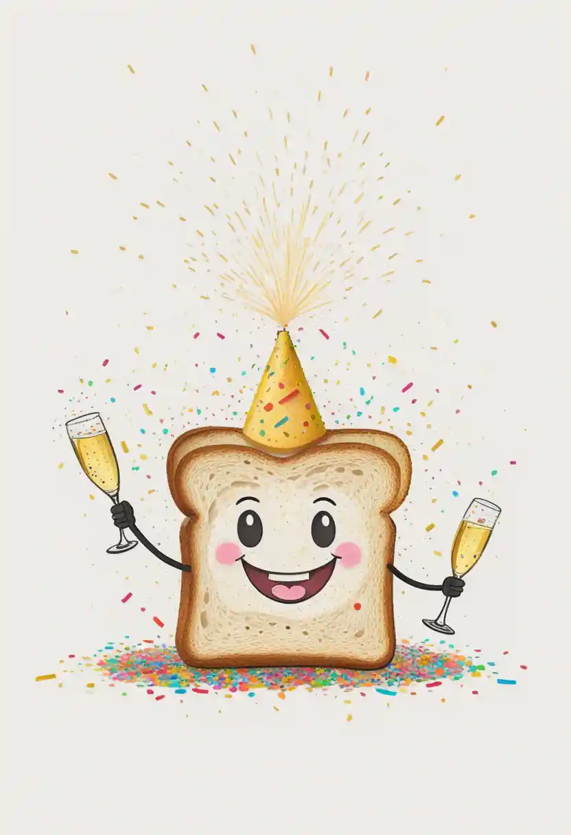 Cute smiling toast with party hat and champagne