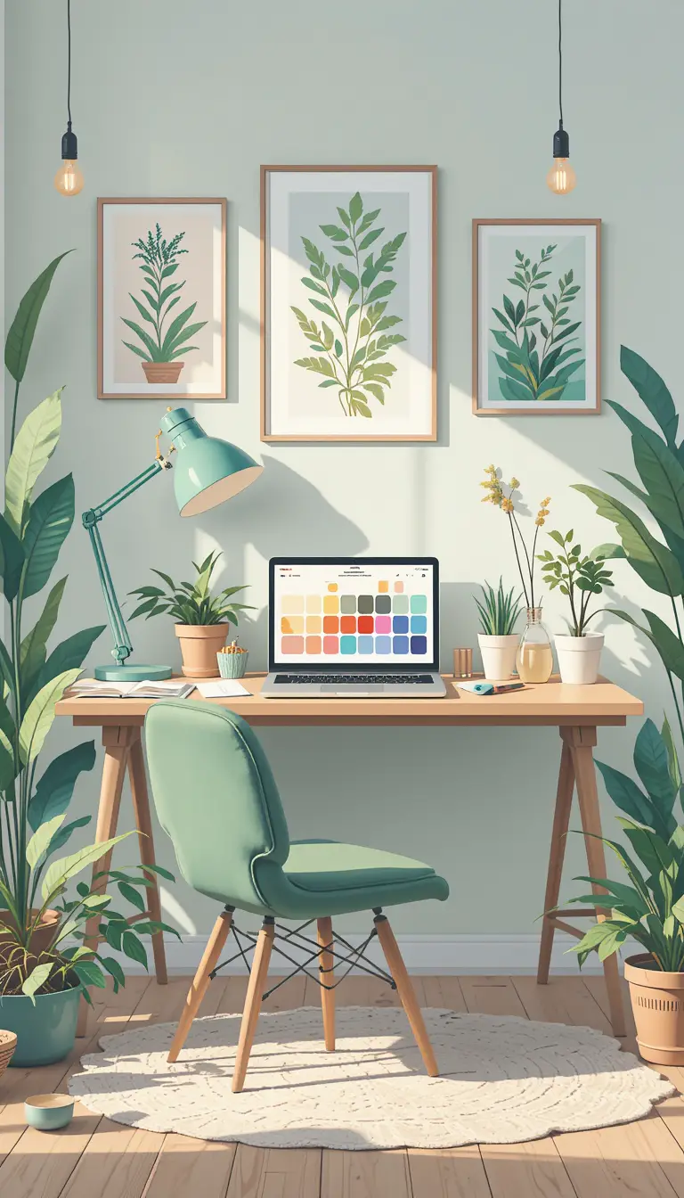 Illustration de bureau à domicile cosy en tons pastels avec plantes et bureau