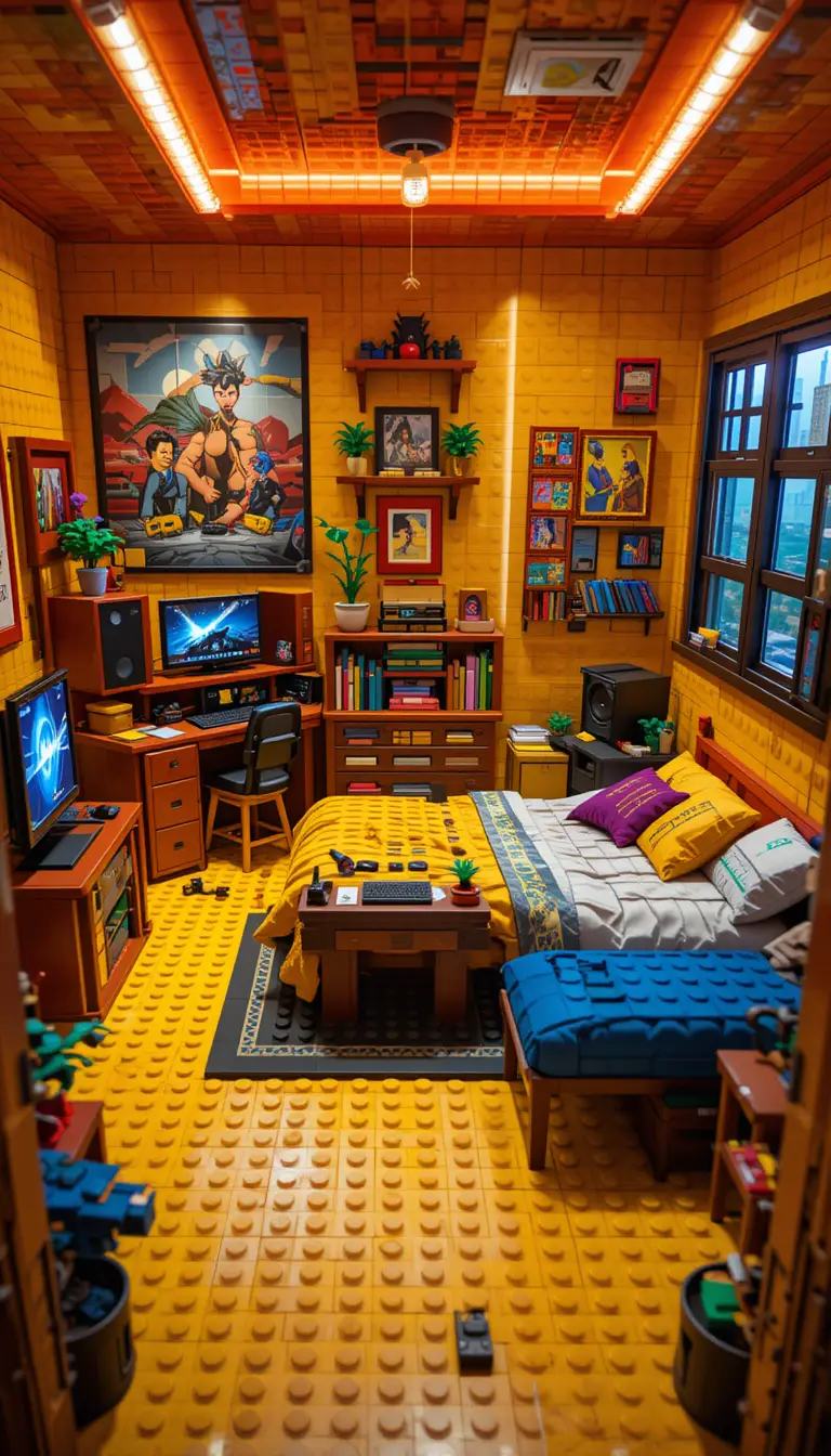 Camera da letto colorata in stile Lego con scrivania da gamer e setup PC