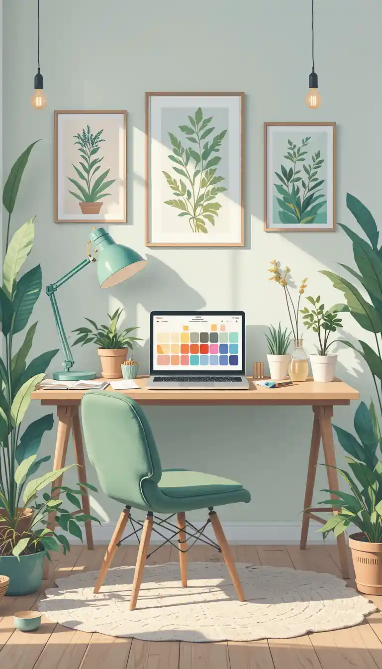 Cozy pastel home office illustration with plants and desk
