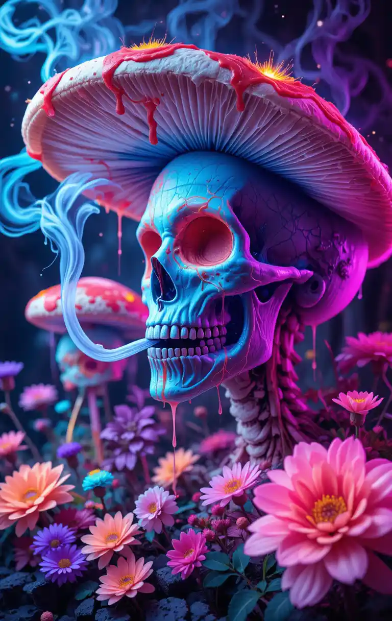 Surreal neon pizza mushrooms in psychedelic art style