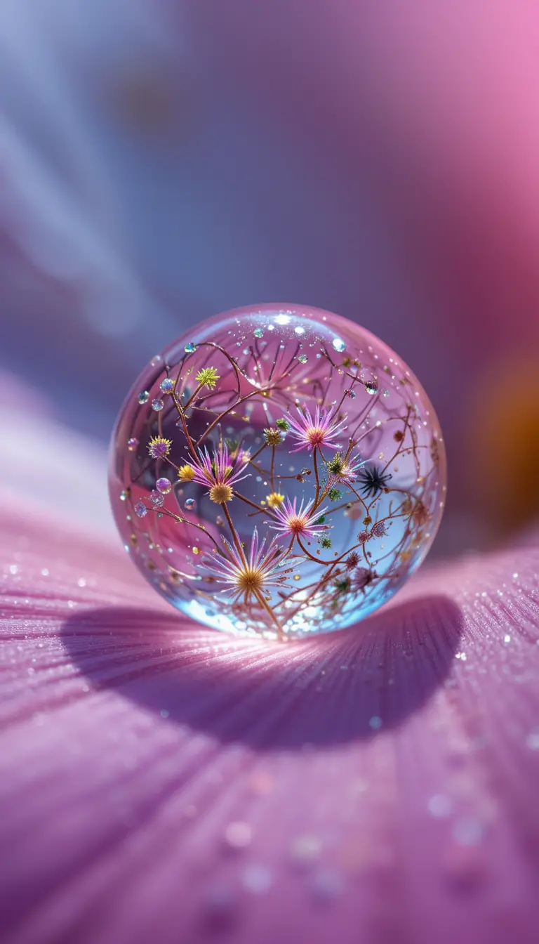 Goutte d’eau cristalline agrandissant un minuscule monde sur un pétale