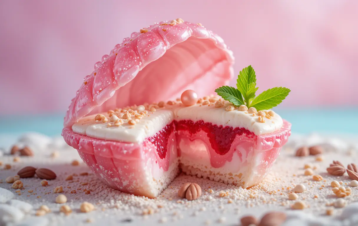 ピンクの二枚貝シェルデザートケーキ（パール風キャンディ付き）