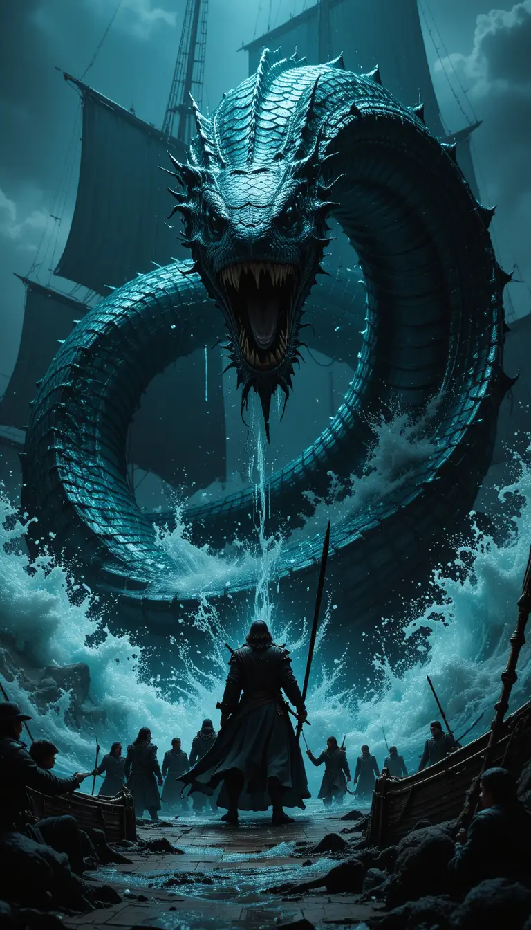 Sinbad affronta un enorme serpente marino che attacca la sua nave