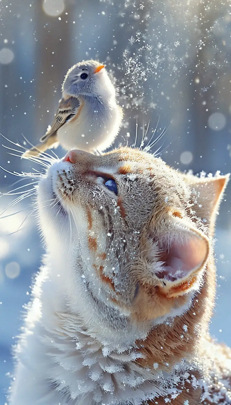 Ginger cat and small bird in a snowy winter scene