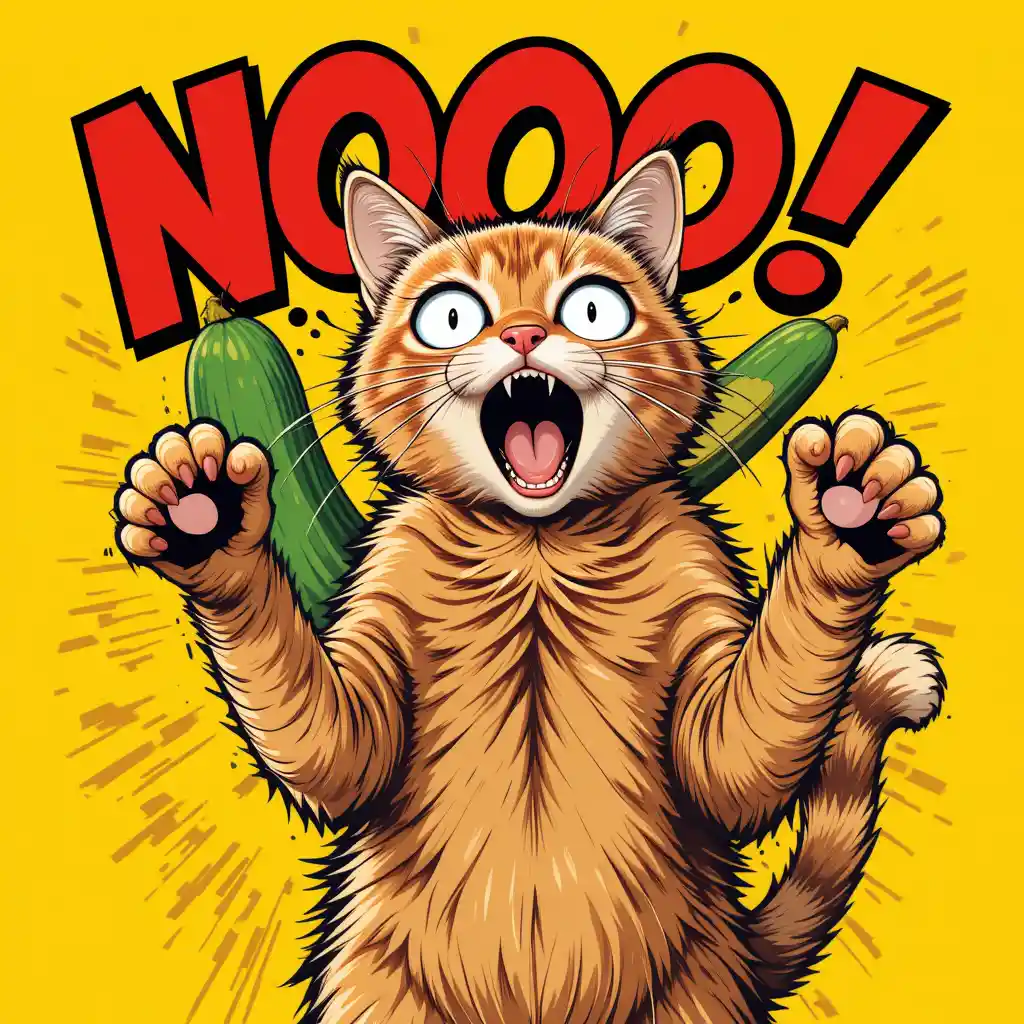 Cartoon Cat Leaping From Cucumber In Comic T Shirt Design