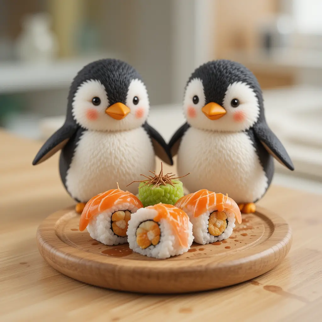 Cute sushi on wooden plate with fluffy penguins watching