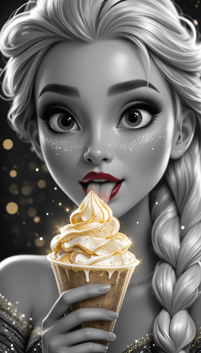 Glamorous blonde woman licking ice cream in dark portrait