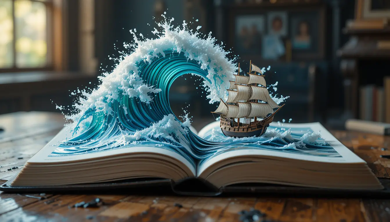 Hyperrealistische Nahaufnahme eines aufgeschlagenen Buches mit hervorbrechendem Meer