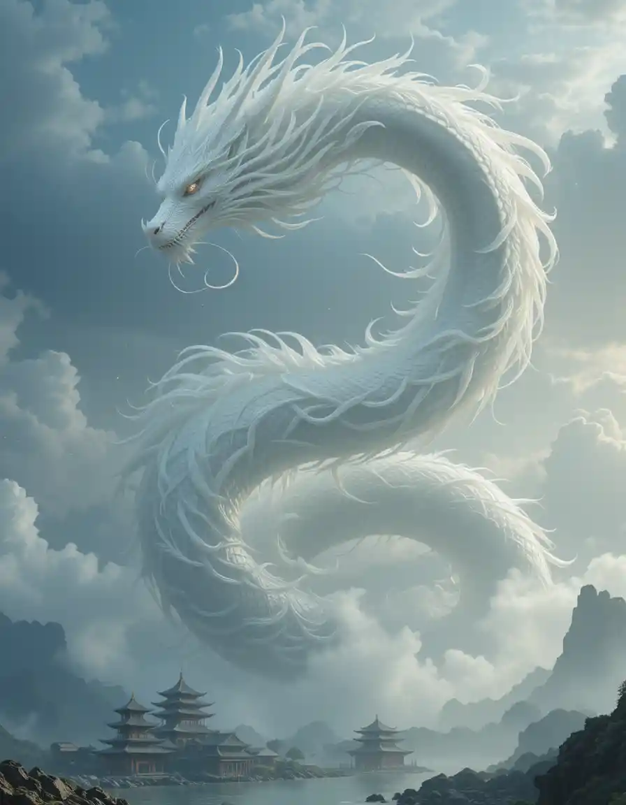 Majestic Eastern Dragon Above Temples In Misty Skies