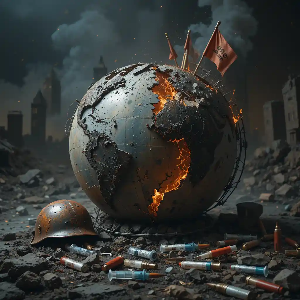 Shattered burning globe in a post apocalyptic still life