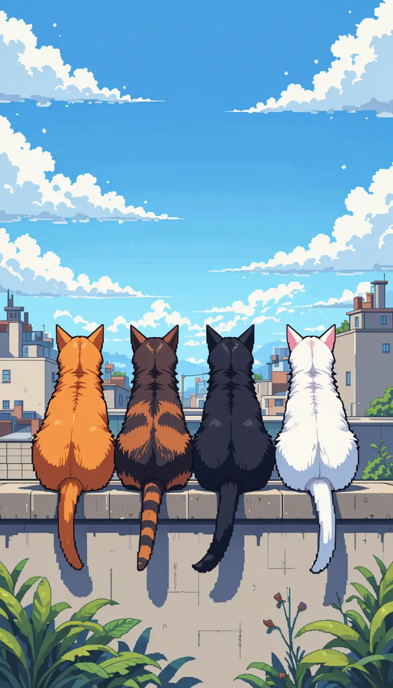 Quattro gatti pixel art sul tetto sotto un cielo azzurro brillante