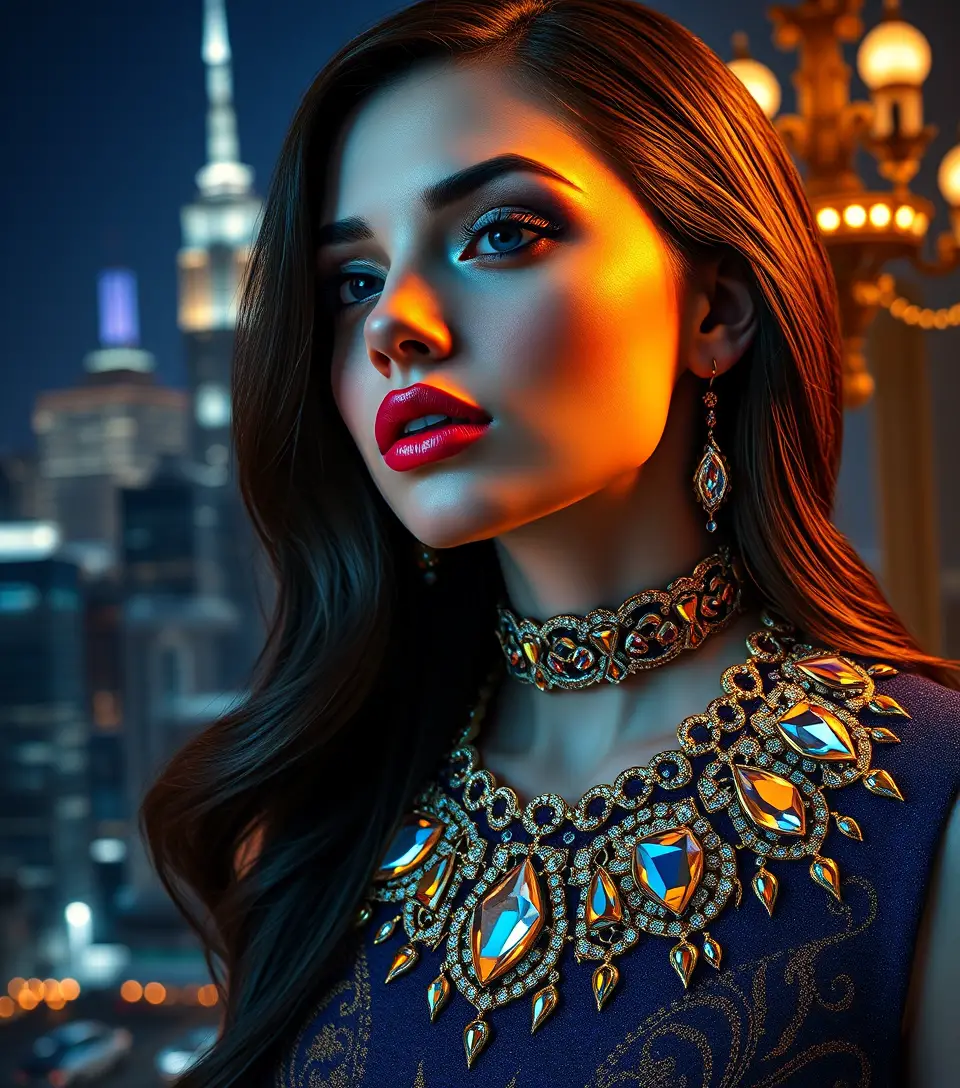 Surreal art deco woman with crystal necklace at night