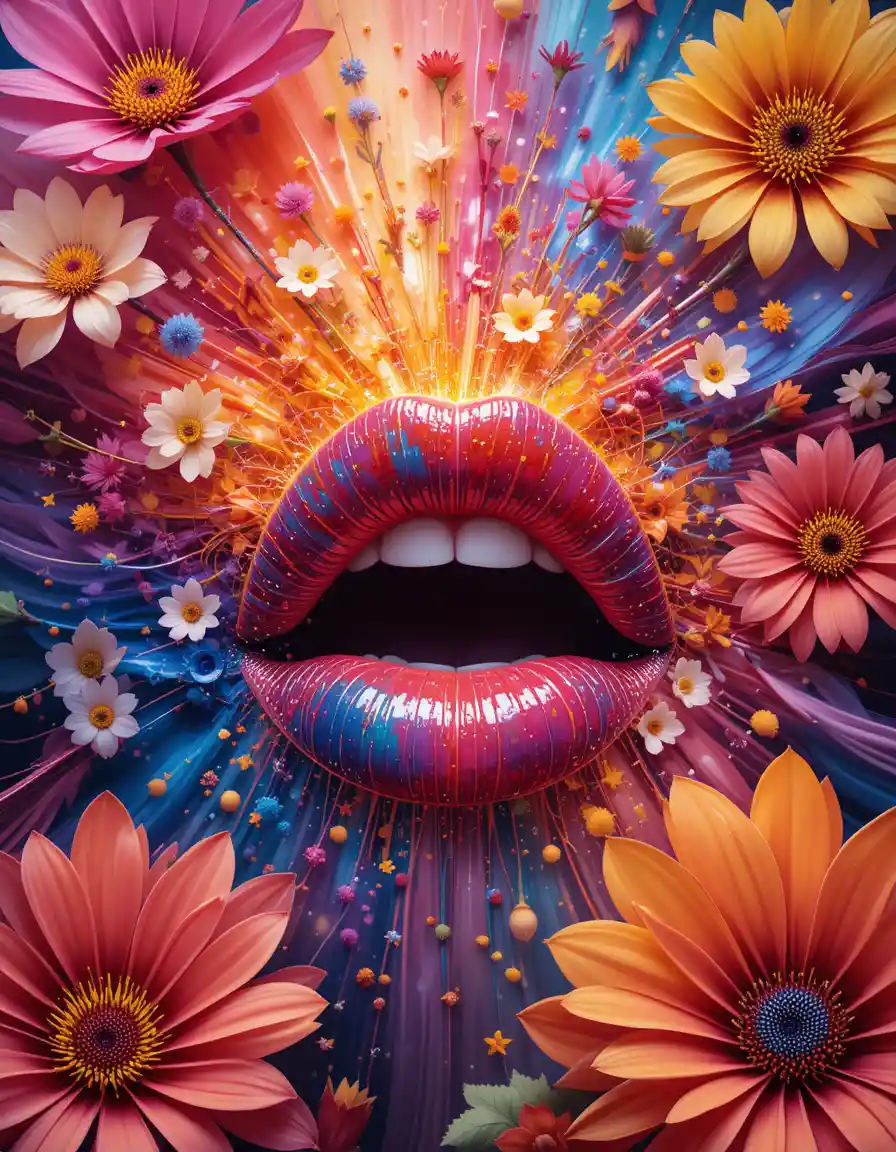 Colorful abstract lips with blooming fresh flowers