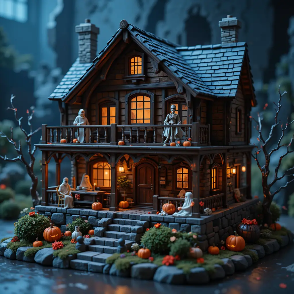 Diorama isometrico 3D di una cabina con spaventose decorazioni di Halloween