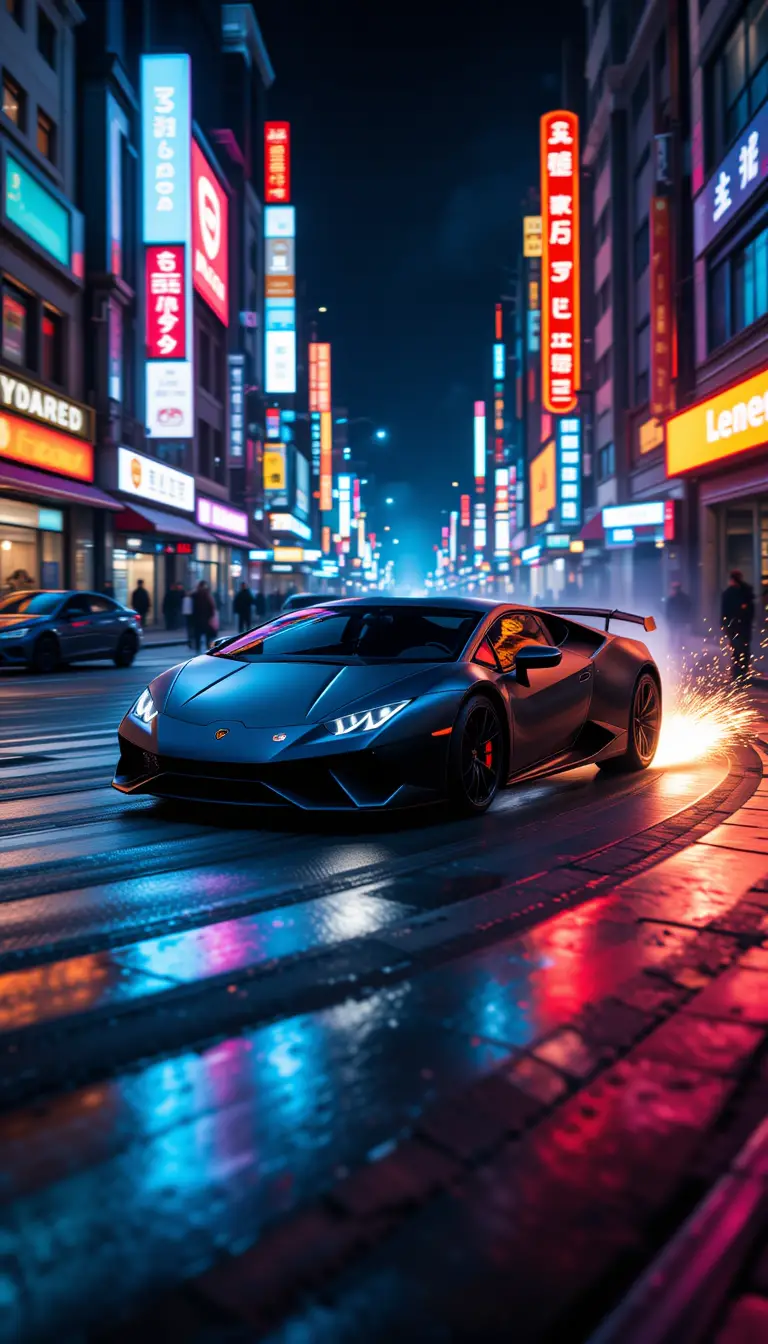 Lamborghini driftet durch neonbeleuchtete Straßen bei Nacht
