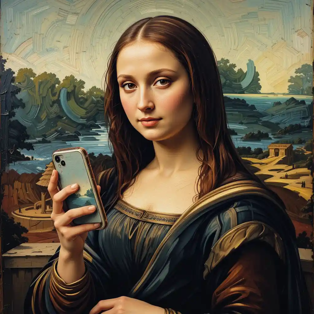 Woman inspired by Mona Lisa holding a smartphone