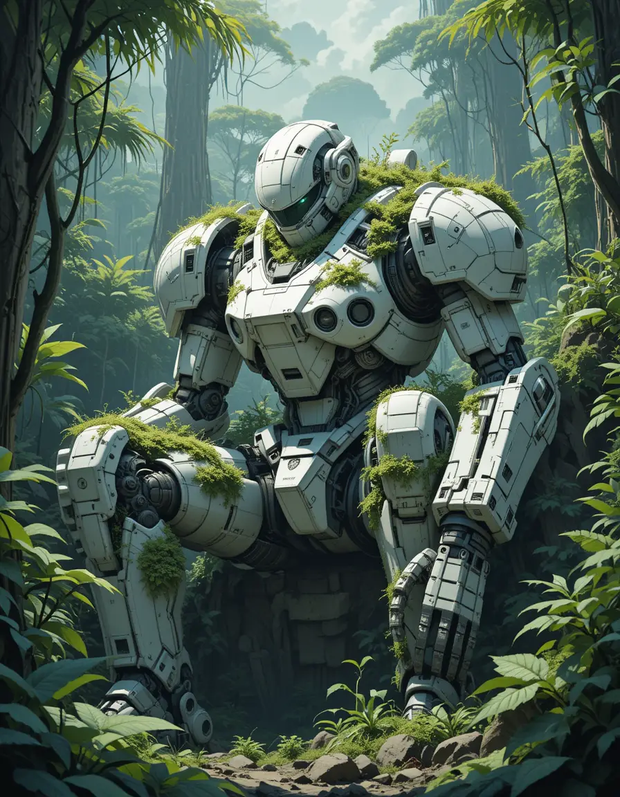 Géant robot blanc abandonné dans les ruines d’une jungle envahie par la végétation