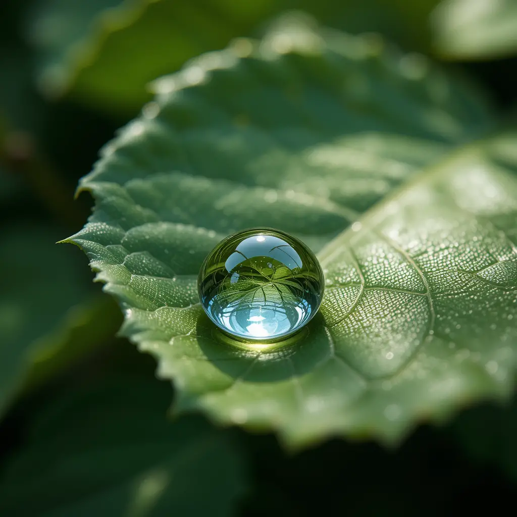 Goutte d’eau ensoleillée reposant sur une feuille courbée