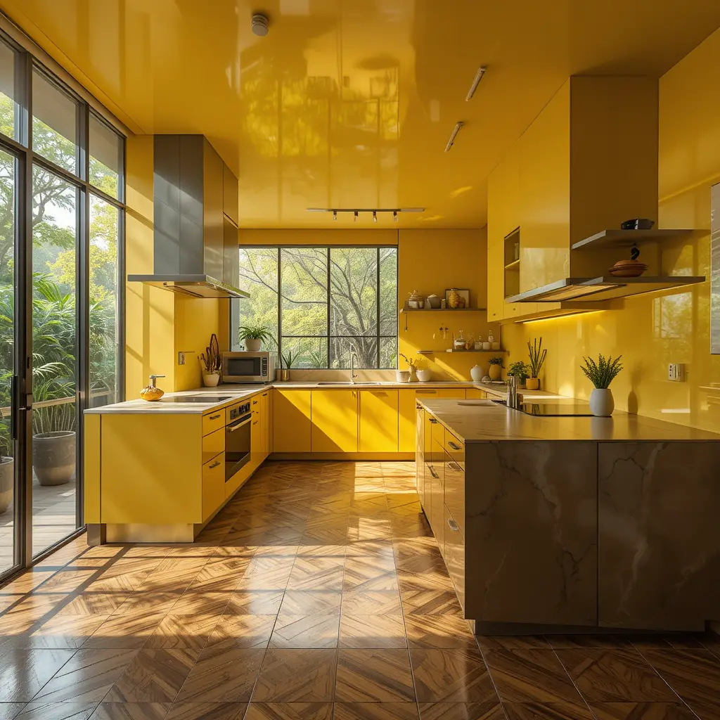 Moderne brasilianische Küche mit warmem Holzbodendesign