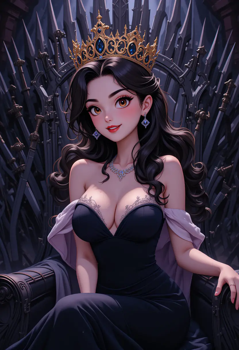 Anime queen on a dark fantasy throne of blades