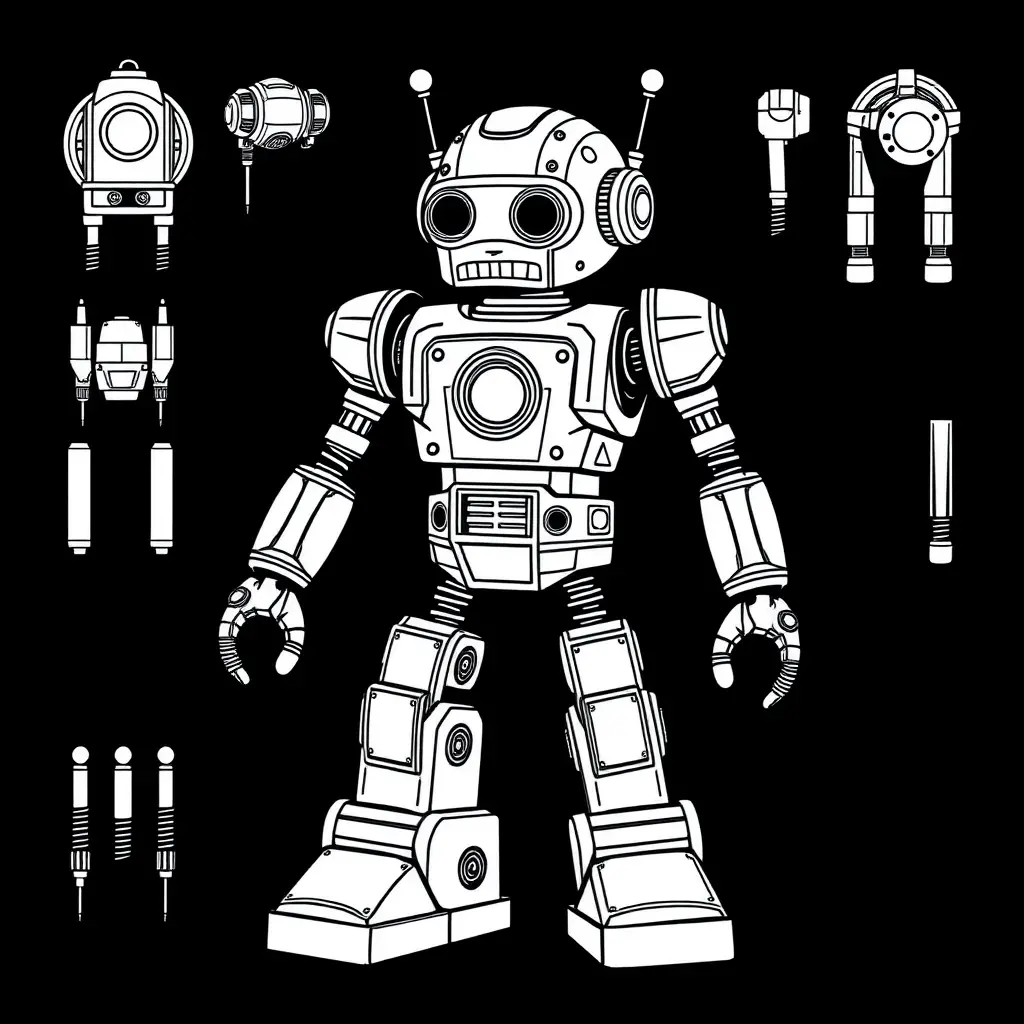 Pagina da colorare con robot retrò in line art e parti modulari