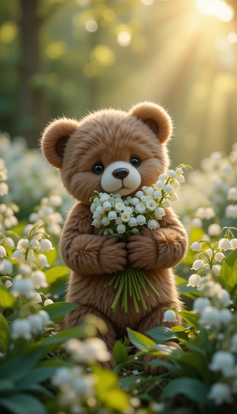 Adorable ours en peluche avec muguet dans le jardin