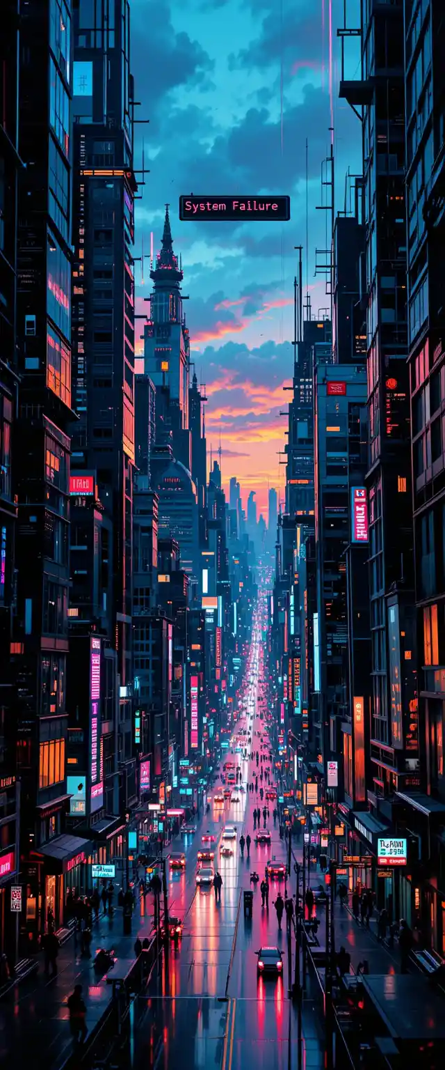 Futuristic cityscape at dusk with glitching system failure