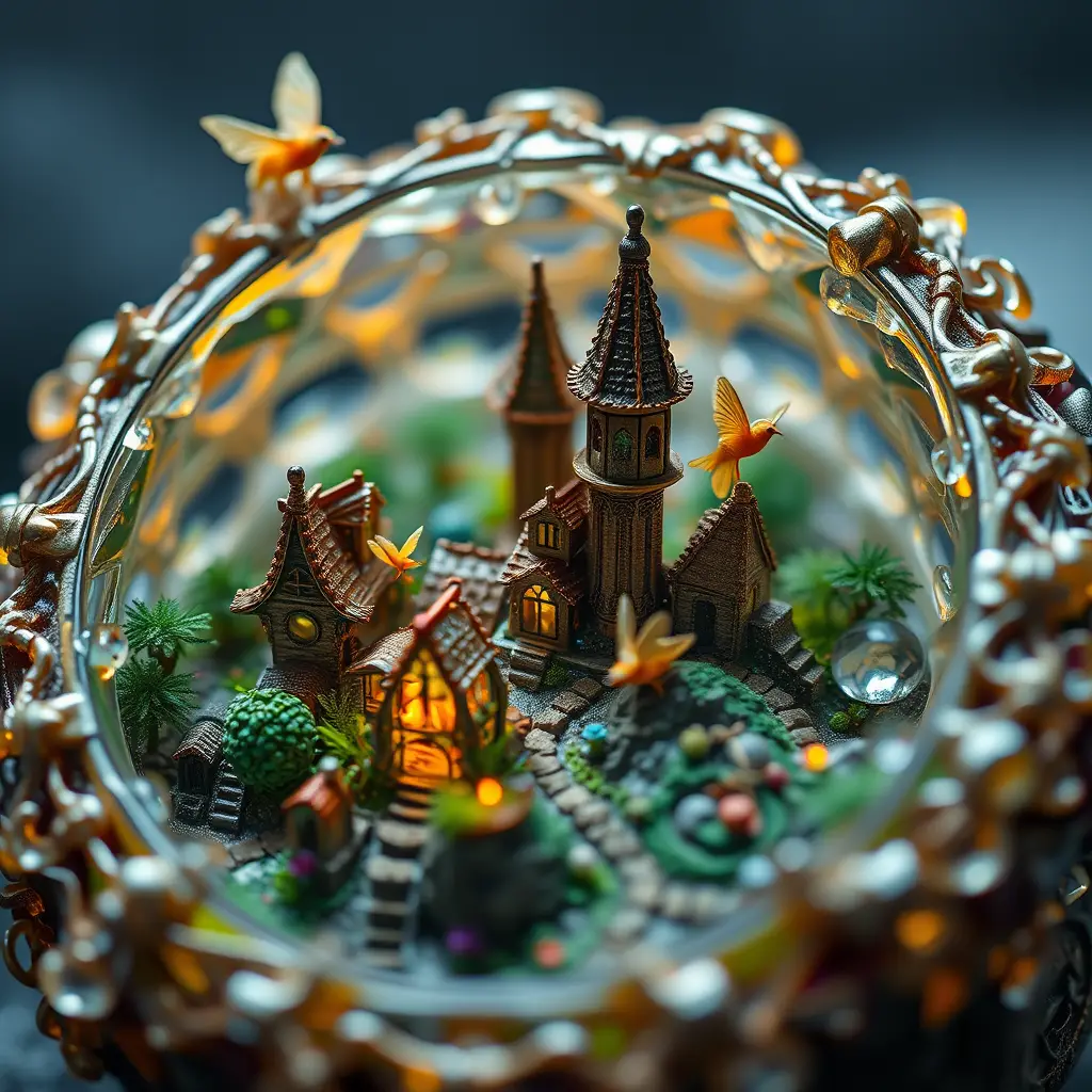 Makro-Fantasiedorf in einem verzierten Harzring